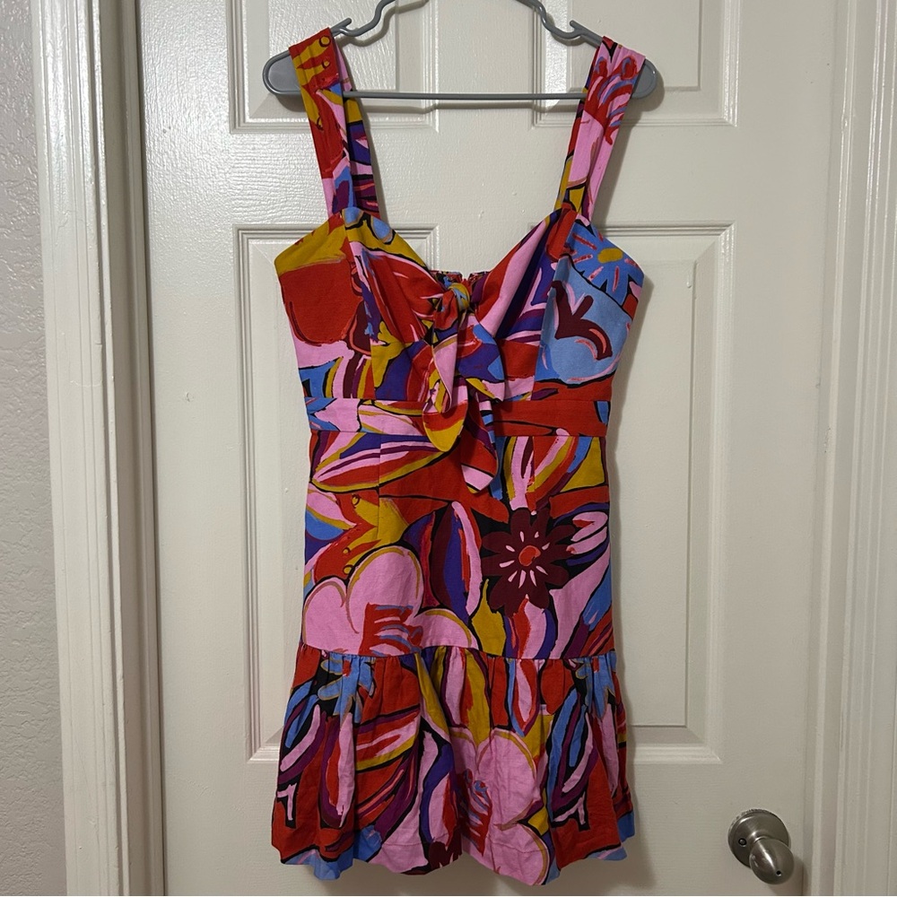 REBECCA VALLANCE Positano Tie-front Printed Linenblend Mini Dress in Pink Size 4 - Picture 2 of 13
